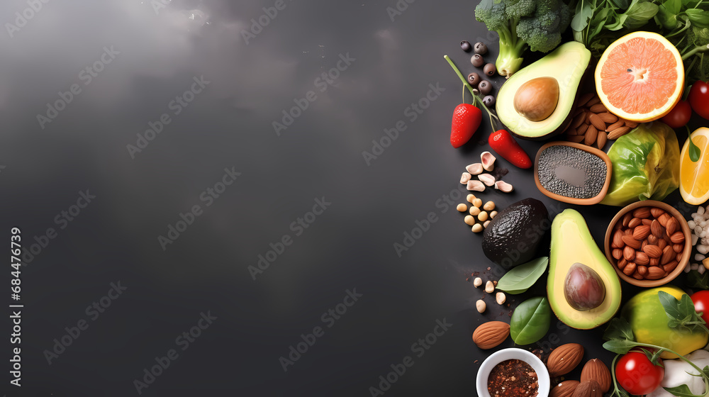 Selection of Healthy Foods on a Gray Concrete Background，PPT background