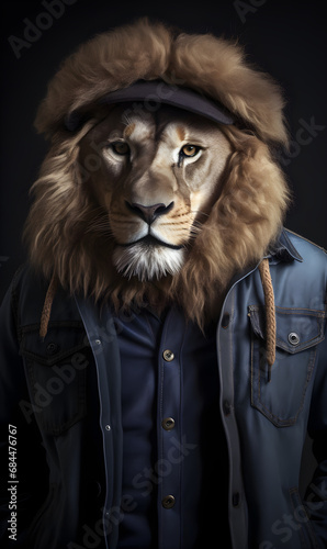 portrait of lion dressed in trendy urban clothes, confident. Fashion portrait of an anthropomorphic animal, posing with a charismatic human attitude