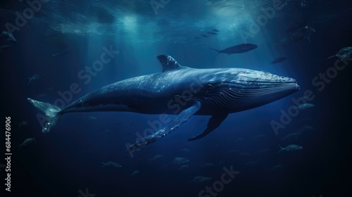 A large blue whale swimming in the ocean. Generative AI.