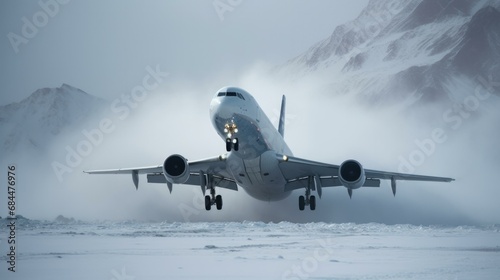 Airplane landing in snow. Generative AI.