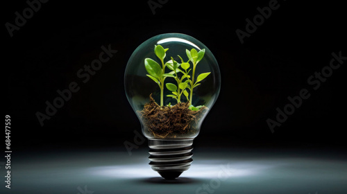 Plants growing in light bulb in dark background.Generative ai