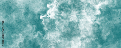 Abstract watercolor illustration featuring a Blue and white sky with wispy clouds, set against a turquoise background reminiscent of cement wall texture with old grunge elements  photo