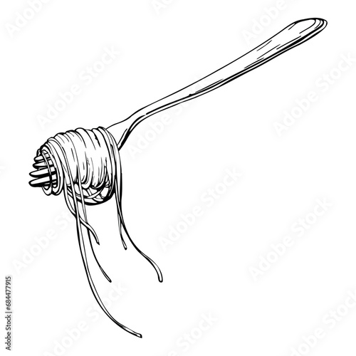 Hand drawn vector ink illustration. Long pasta Italian cuisine spaghetti vermicelli noodles on fork. Single object element isolated on white. For restaurant, menu, food shop and package, flyer, print.