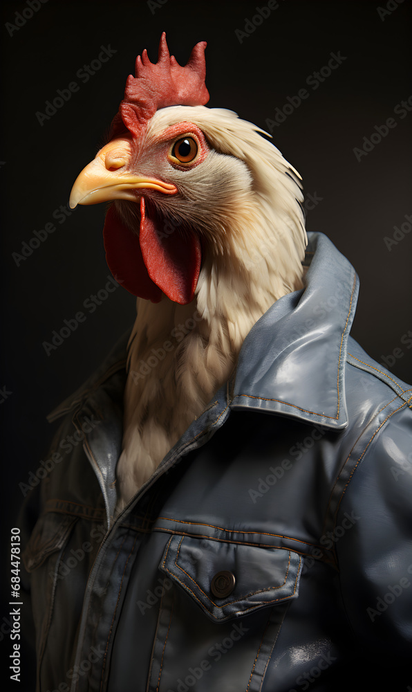 portrait of chicken dressed in trendy urban clothes, confident. Fashion portrait of an anthropomorphic animal, posing with a charismatic human attitude