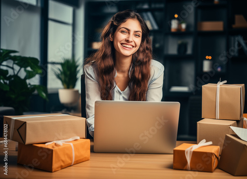 A happy young lady in an office with a laptop and some packages on her desk