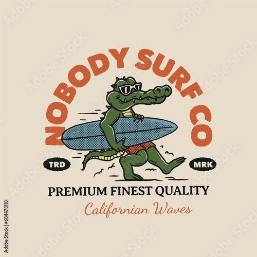 Hand drawn Vintage Crocodile Surfer Character Mascot for clothing logo template