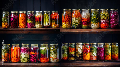 Marinated pickles variety preserving jars. Homemade green beans, squash, cauliflower, carrots, red chili peppers pickles. Fermented food. AI generative.