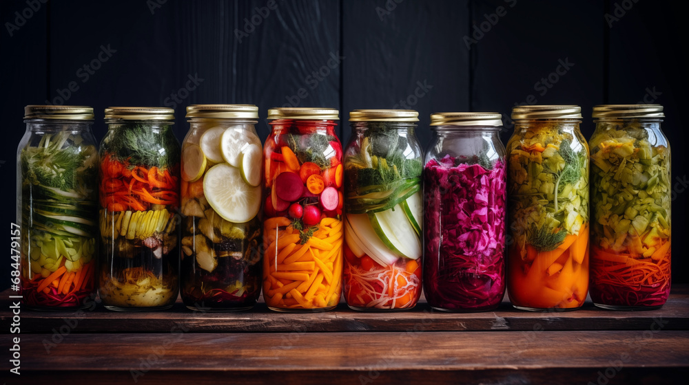 Marinated pickles variety preserving jars. Homemade green beans, squash, cauliflower, carrots, red chili peppers pickles. Fermented food. AI generative. Marinated pickles variety preserving jars. Homemade green beans, squash, cauliflower, carrots, red chili peppers pickles. Fermented food. AI generative.