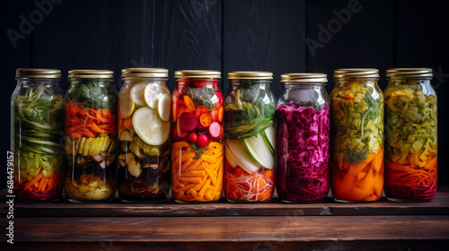 Marinated pickles variety preserving jars. Homemade green beans, squash, cauliflower, carrots, red chili peppers pickles. Fermented food. AI generative.