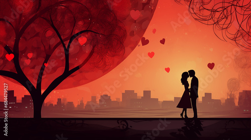 Silhouette of a young couple  deeply in love  tenderly hugging and caressing each other in an autumn park. Romantic scene. Illustration for cover  interior design. AI generativ.