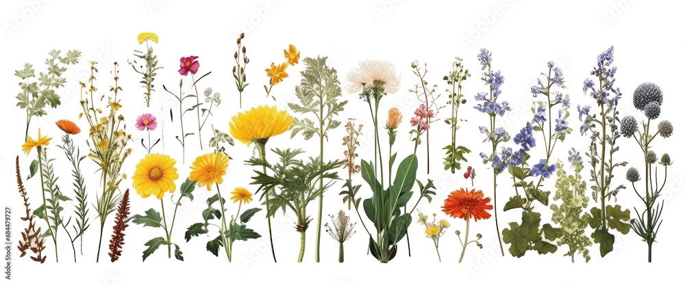 Various types of colorful wild flowers