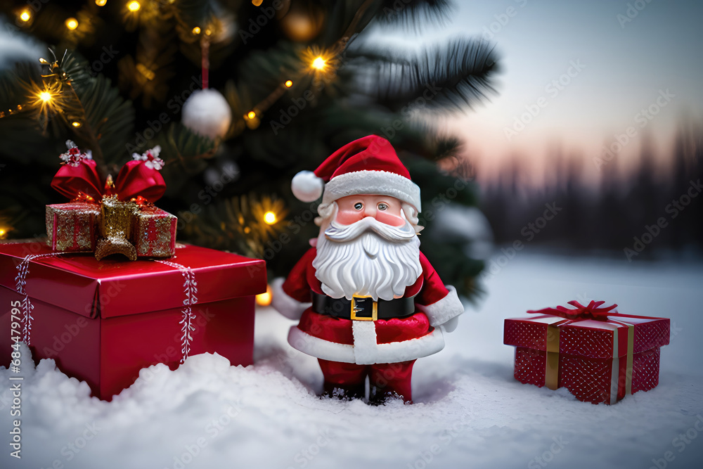 On snow, Santa Claus dolls, a Christmas tree, and a present box On snow, Santa Claus dolls, a Christmas tree, and a present box