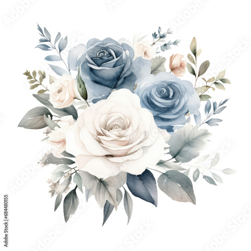 Watercolor blue flowers and roses collage