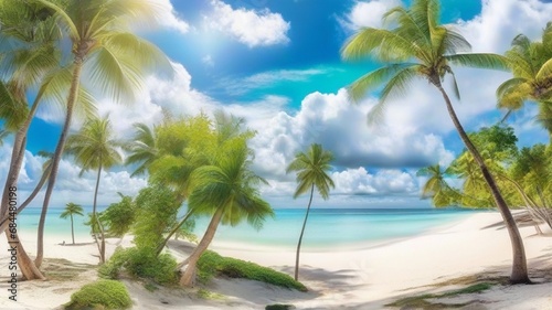 Beautiful beach with white sand, green palm trees and blue sky with clouds on Sunny day. Summer tropical landscape, panoramic view.