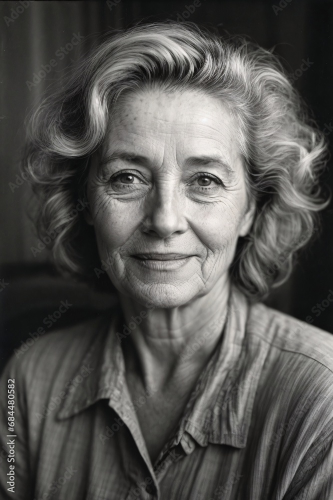 Portrait a middle-aged woman in 1940's with a face without makeup, happy eyes but don't laugh, her skin is not smooth.