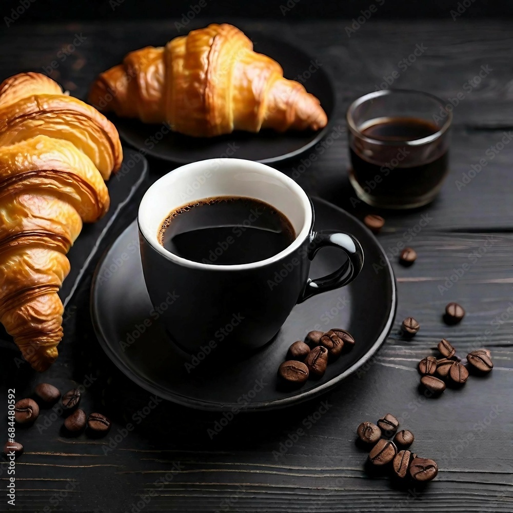 Fresh cup of aromatic coffee and croissant on black wooden board. Space for text. Generative AI.