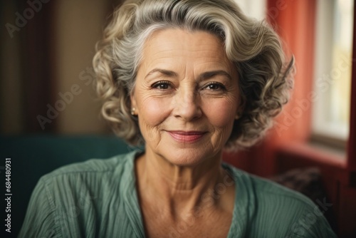 Portrait a middle-aged woman in 1940's with a face without makeup, happy eyes but don't laugh, her skin is not smooth.