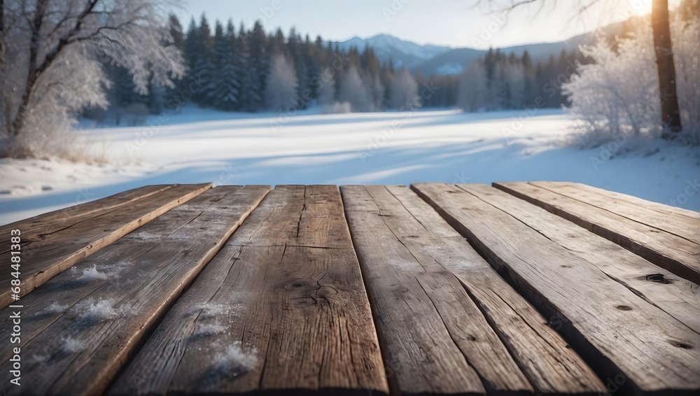 Empty old wooden table with blurred winter in background Empty old wooden table with blurred winter in background