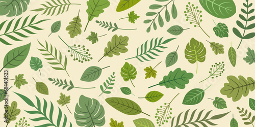 Beautiful Autumn Green Fall Leaves Background Pattern, beige, sale, decorative, vector illustration.	