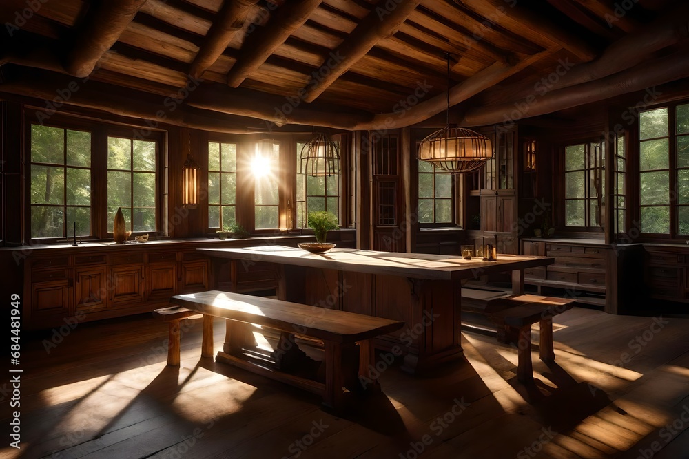 In the heart of an ancient forest, a room adorned with wooden textures exudes a timeless charm. The sunlight streams through the dense foliage In the heart of an ancient forest, a room adorned with wooden textures exudes a timeless charm. The sunlight streams through the dense foliage
