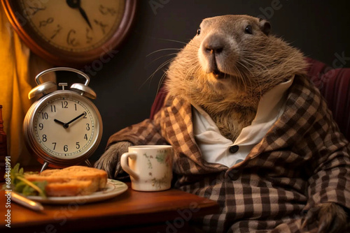 Groundhog Dressed in a Cozy Jacket Having Breakfast and Enjoying a Cup of Tea or Coffee. Vintage Clocks in The Background. Morning Routine and Groundhog Day. AI Generated