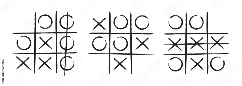 Tic tac toe xo game hand drawn grid doodle template vector illustration set isolated on white background - obrazy, fototapety, plakaty 