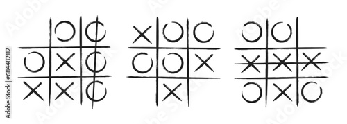 Tic tac toe xo game hand drawn grid doodle template vector illustration set isolated on white background