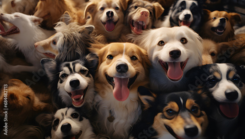 dogs taking a selfie on a blurred background. A group funny dogs