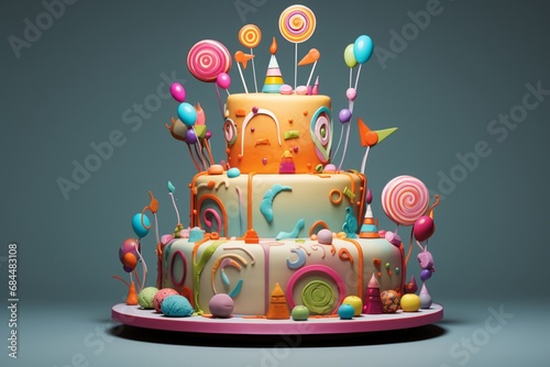 A realistic rendering of a whimsical isolated birthday cake, decorated with playful elements like fondant figures and vibrant colors, bringing joy to the party.
