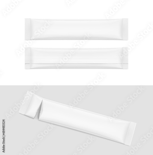 Blank stick package bag mockups. Flat lay view. Vector illustration isolated on various background. Can be use for food, cosmetic, pharmacy and etc. EPS10.
