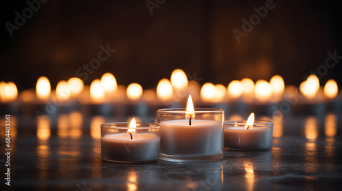 Candles Burning at Night. White Candles Burning in the Dark with focus on single candle in foreground. generative ai.