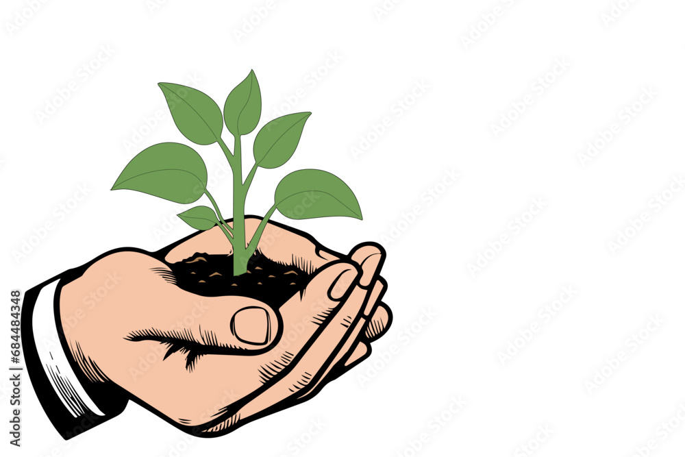 hand holding small tree for planting and Seedling in ground in palms with leaf growing in soil, eco environment care concept vector illustration isolated on white background hand holding small tree for planting and Seedling in ground in palms with leaf growing in soil, eco environment care concept vector illustration isolated on white background