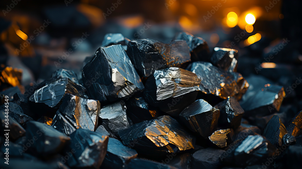 Pile of black coal with orange light in the evening, close-up. Dark blue background. Generative AI technology