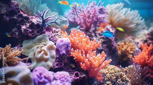 Fototapeta Naklejka Na Ścianę i Meble -  coral reef macro : texture, abstract marine ecosystem background on a coral reef. generative ai.