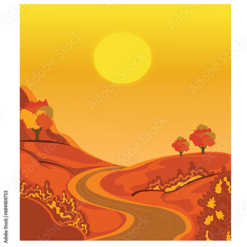 autumn landscape illustration nature landscape background with autumn trees and sunset sky