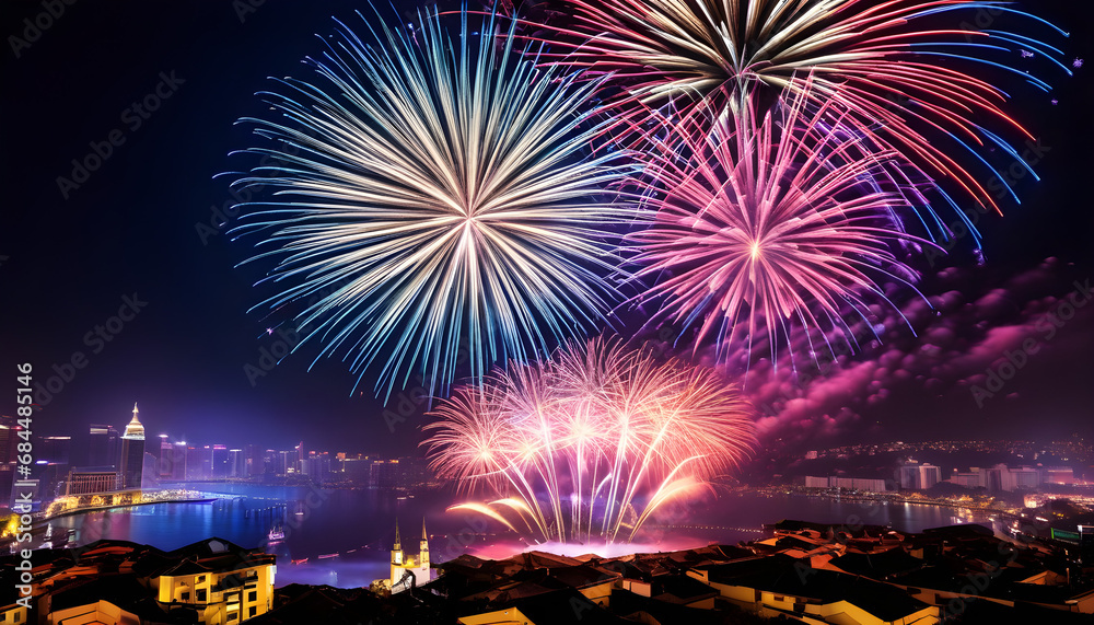 New Year celebration with fireworks display as backdrop. New Year celebration with fireworks display as backdrop.