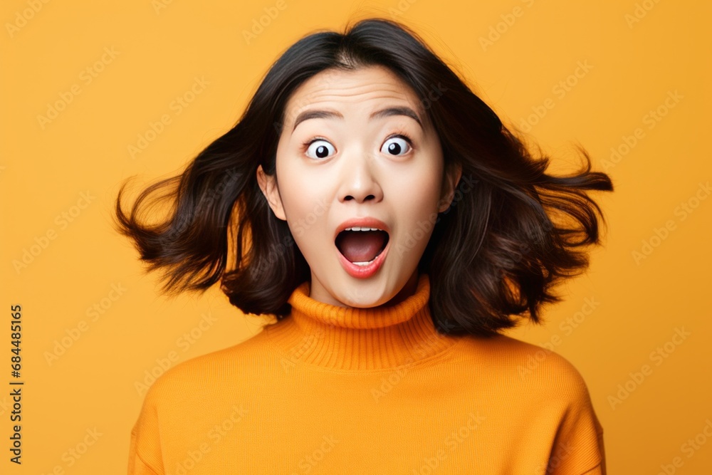 Surprised young asian woman studio portrait. AI generative