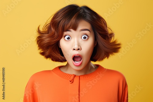 Surprised young asian woman studio portrait. AI generative