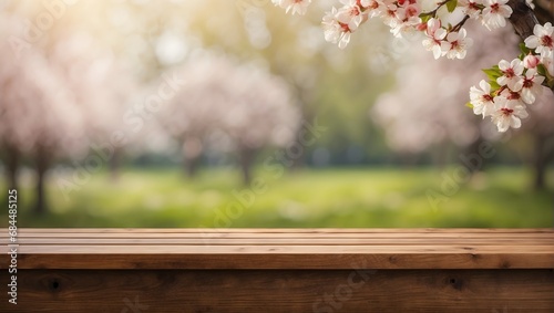 empty wooden table with blurred spring background