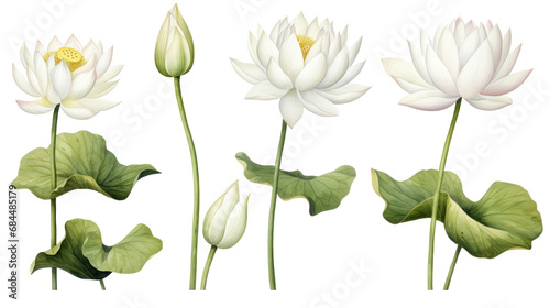 White lotus set  watercolor botanical illustration Hand-drawn floral illustration isolated on a white background isolated on white or transparent background