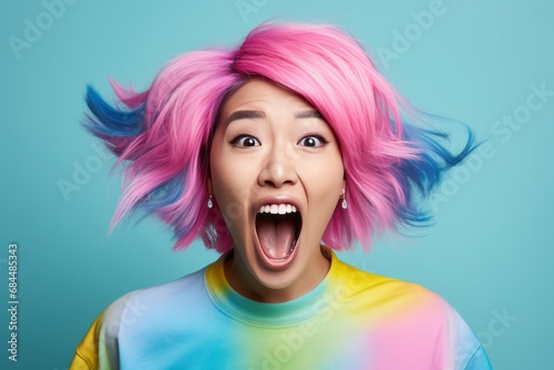 Surprised young asian woman with colorful hairs studio portrait. AI generative