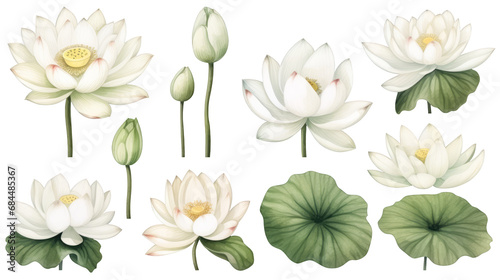 White lotus set, watercolor botanical illustration Hand-drawn floral illustration isolated on a white background isolated on white or transparent background