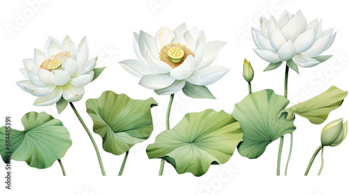 White lotus set  watercolor botanical illustration Hand-drawn floral illustration isolated on a white background isolated on white or transparent background