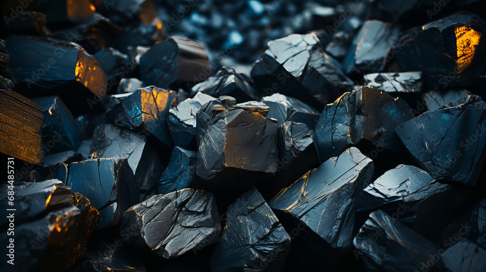 Pile of black coal with orange light in the evening, close-up. Dark blue background. Generative AI technology