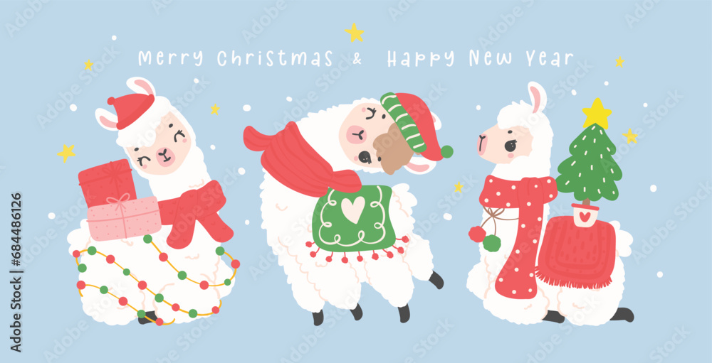 Cute Christmas llamas greeting card banner in winter theme, kawaii Happy New Year cartoon Animal hand drawing illustration