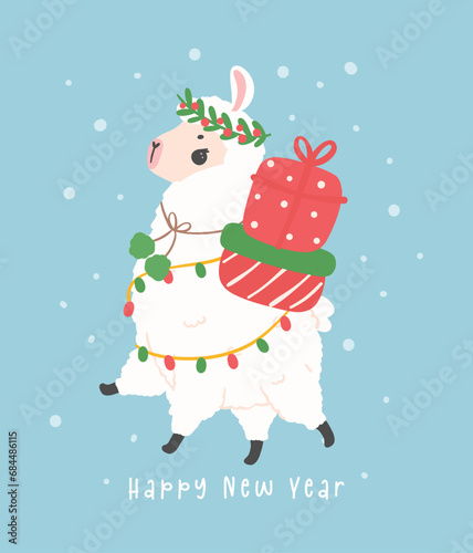 cute Christmas llama, Valentine Llama greeting card in winter theme, kawaii cartoon hand drawing illustration