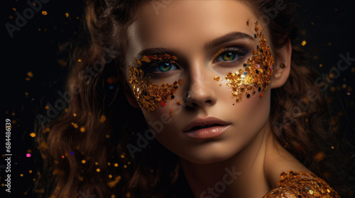 Close up portrait of an elegant  woman with gold flakes and glitter on her face