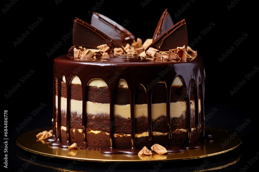 A decadent and mouth-watering birthday cake featuring layers of moist cake, luscious filling, and a glossy ganache, creating a tempting dessert.