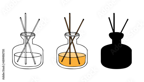 Aroma candle  hand drawn art. Doodle vector outline, color illustration. Set sketch and black silhouette picture