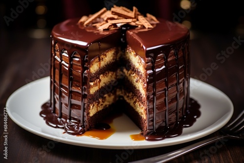 A decadent and mouth-watering birthday cake featuring layers of moist cake, luscious filling, and a glossy ganache, creating a tempting dessert.